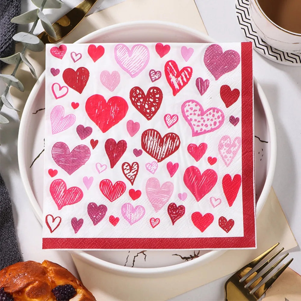 20Pcs/pack Lover Heart Rose Printed Paper Disposable Tableware Napkin Tissues DIY Wedding Party Decoration Valentine's Day Decor