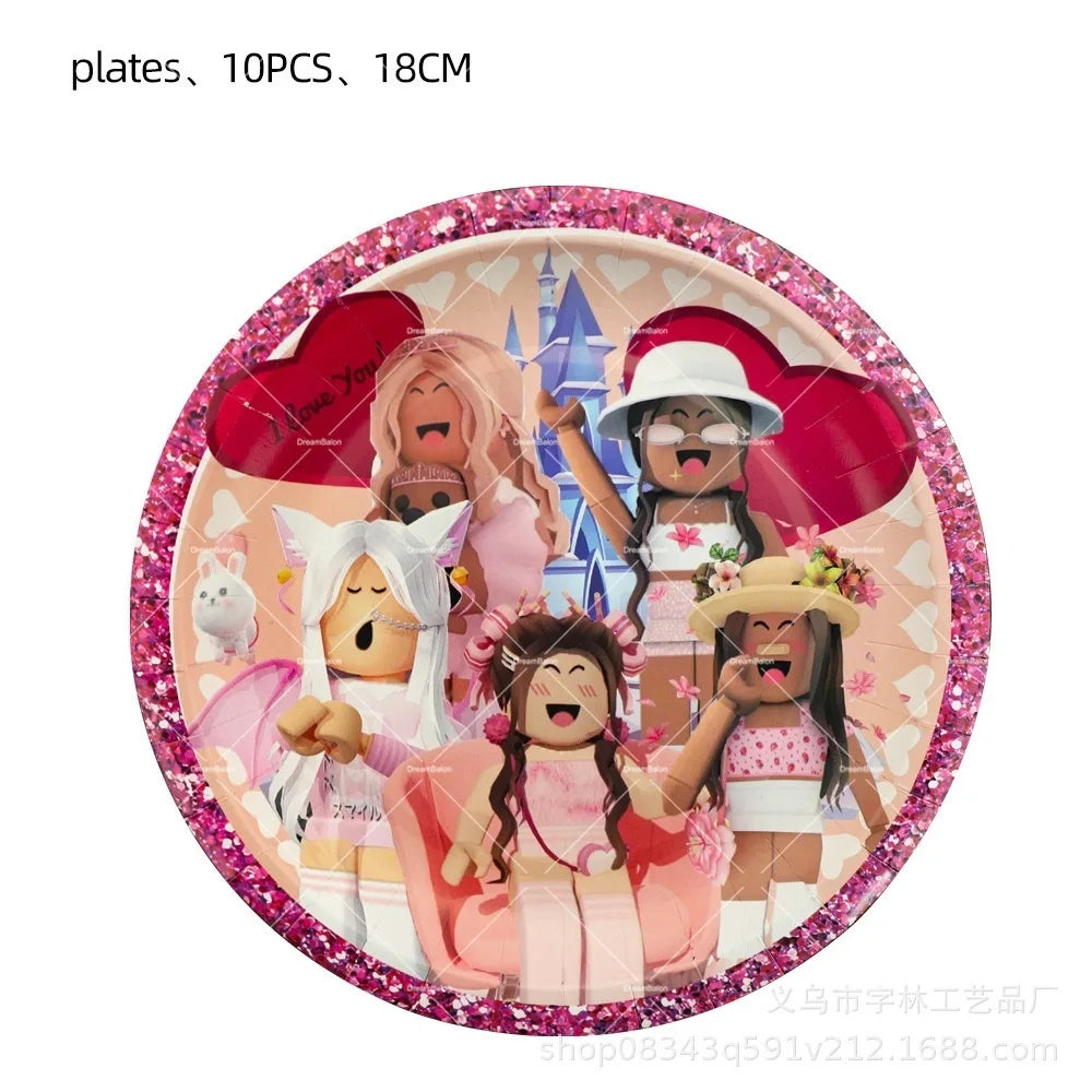 Pink Roblox Balloons Happy Birthday Banner Party Decoration Hot Robot Game Cake Topper Disposable Tableware Kids Girl Background