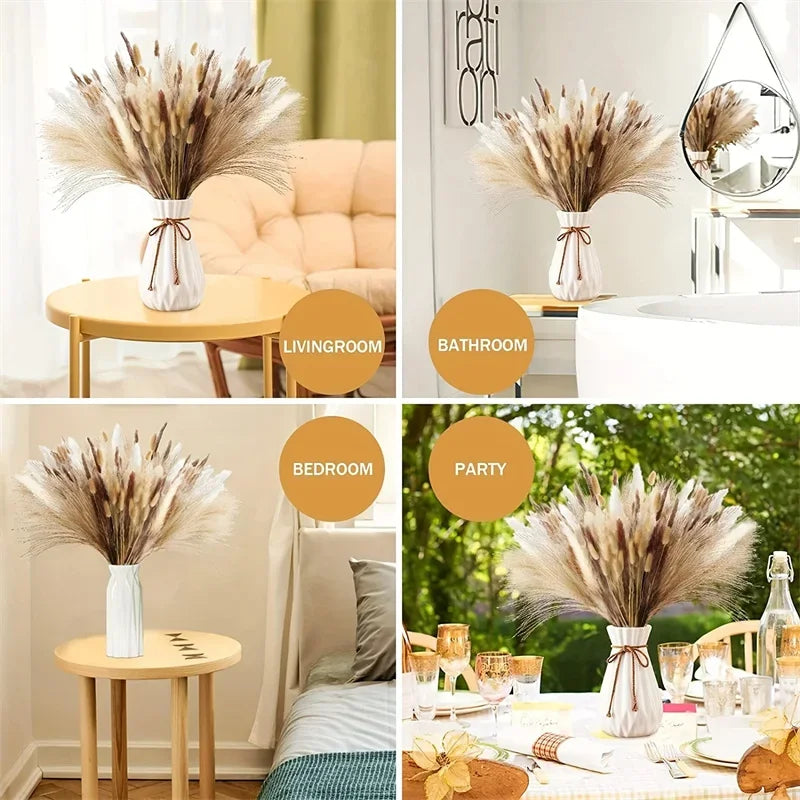 165PCS Pampas Grass Dried Flowers Boho Farmhouse Country Wedding Home Room Decor Bouquet Bunny Tail Grass DIY Artificial Flowers