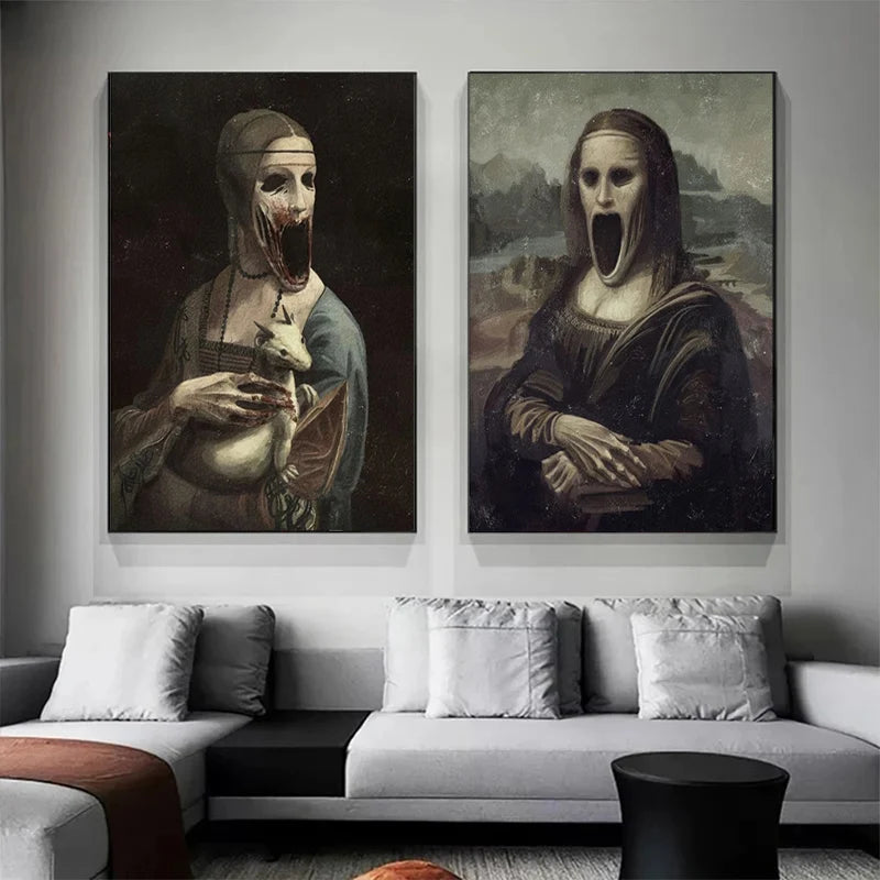 Creepy Famous Painting Character Mona Lisa Canvas Painting Print Poster Scary Wall Art Pictures Horror Figure Wall Decor Mural
