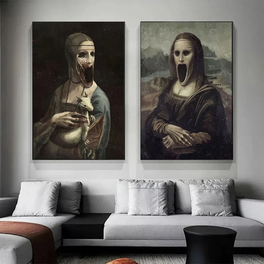 Creepy Famous Painting Character Mona Lisa Canvas Painting Print Poster Scary Wall Art Pictures Horror Figure Wall Decor Mural
