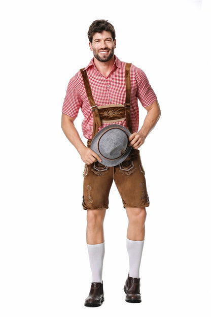 Bavarian Octoberfest German Beer Costume Male Oktoberfest Lederhosen Costume Beer Shirt Suspender Shorts Hat Cosplay Costumes