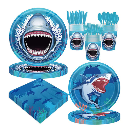 Shark Party Supplies Shark Birthday Tableware Shark Baby Shower Paper Cups Plates Napkins Ocean Shark Theme Party Decorations