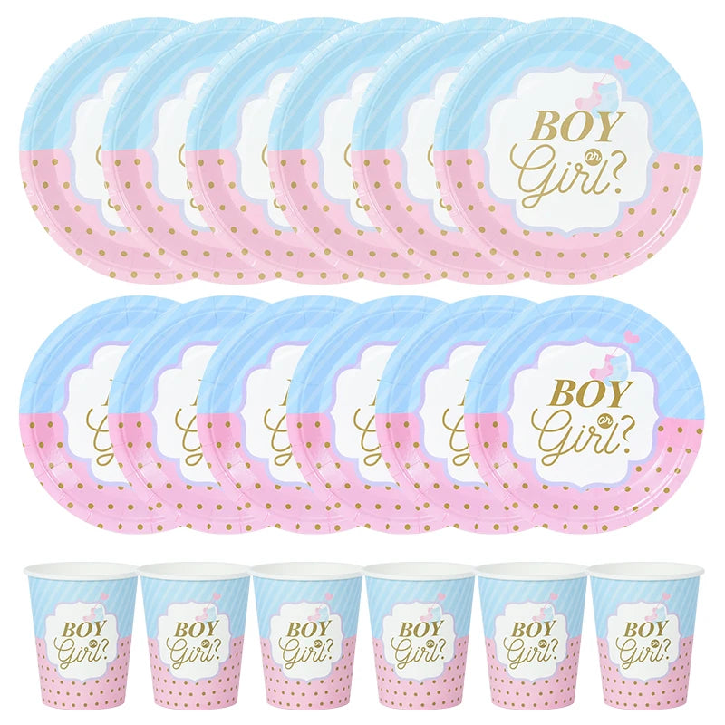 Gender Reveal Disposable Tableware Pink Blue Boy or Girl Plate Napkin Cup Tablecloth Baby Shower Party Table Decoration Supplies