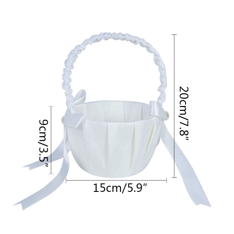 20 cm White Flower Girls Basket Silk Wedding Basket for Flower Bride/Kids Hand Held Wedding Ceremony Party Decorations