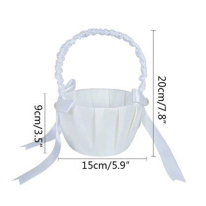 20 cm White Flower Girls Basket Silk Wedding Basket for Flower Bride/Kids Hand Held Wedding Ceremony Party Decorations