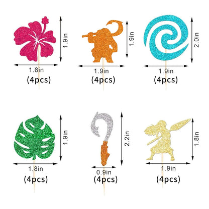 Moana Cake Topper Glittery Cupcake Toppers Hawaiian Birthday Party Decoration for Tropical Luau Summer Party Baby Shower Wedding