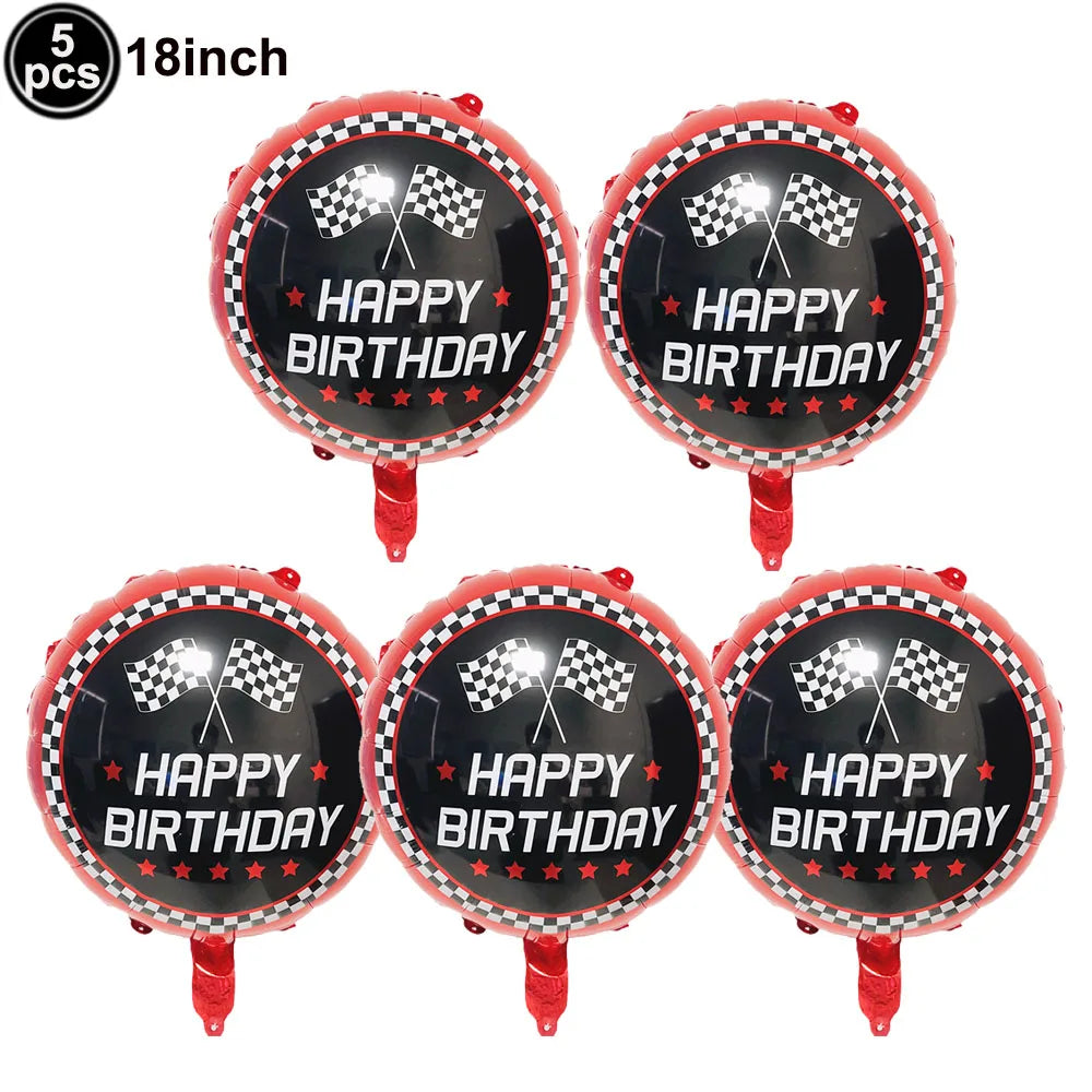 Car Race Balloons Traffic Cones Black White Checkered Flags Racing Wheel tire Foil Balloon Kids Car Birthday Party Decorations