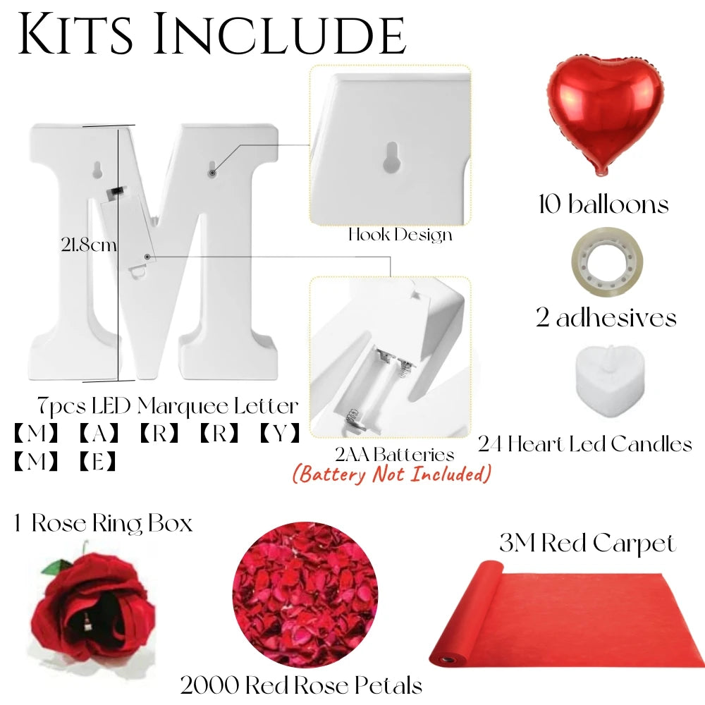 Proposal Decorations Kit Marry Me Light Up Letters 2000 Rose Petals 24 Flameless Candles for Valentine Day Proposal  Engagement