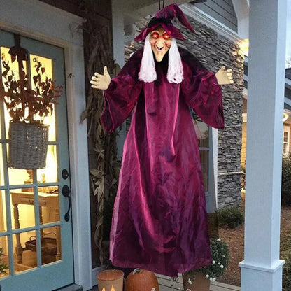 Halloween Life Size Talking Witch Outdoor Purple Spooky Animatronic Witch Decor Prop Halloween Decoration Red Eye Animated Witch