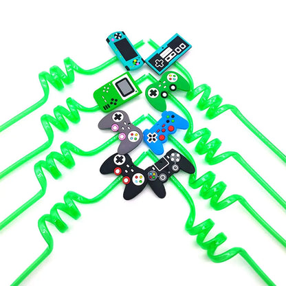 8pcs 26cm Reusable Game Controller Plastic Helical   Straws Gamepad Toys Straw Game Console Theme Kids Birthday Party Decor