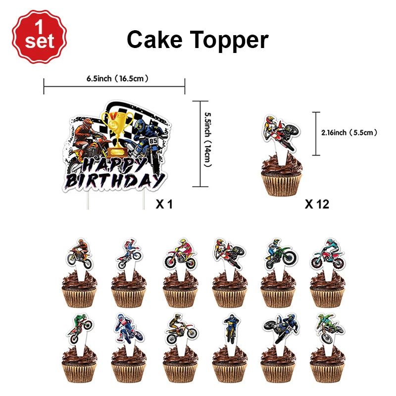Motocross Dirt Bike Birthday Party Banner Cake Topper Foil Motorcycle Balloon for Boy Kids Motor Theme Party Decoration Supplies