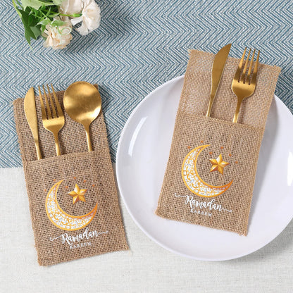 Eid Mubarak Burlap Cutlery Pouch Ramadan Decor for Home 2025 Table Decor Ramadan Kareem Islamic Muslim Party Eid Al-Fitr Gifts