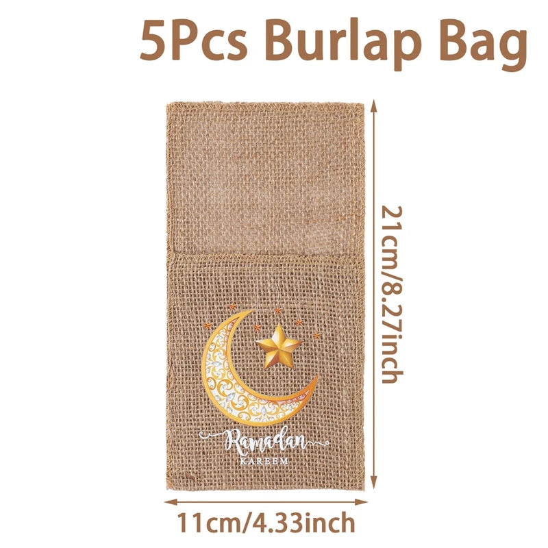 Eid Mubarak Burlap Cutlery Pouch Ramadan Decor for Home 2025 Table Decor Ramadan Kareem Islamic Muslim Party Eid Al-Fitr Gifts