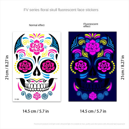 1/4/8PCS Waterproof Fluorescent Temporary Tattoo Neon Halloween Stickers Day of the Dead Party Festival Night Bar Face Stickers