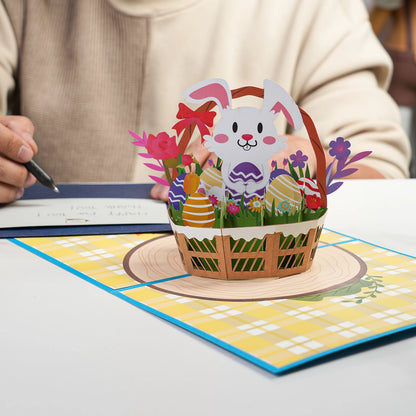 Happy Easter Pop Up Card - 3D Bunny Egg Flowers Basket Greeting Card for Easter