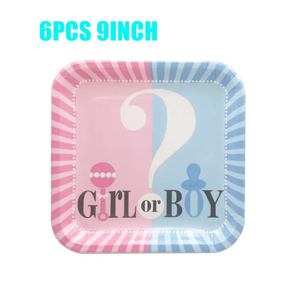Boy Or Girl Gender Reveal Disposable Tableware Plate Cup Banner Balloons Baby Shower Gender Reveal Party Decorations