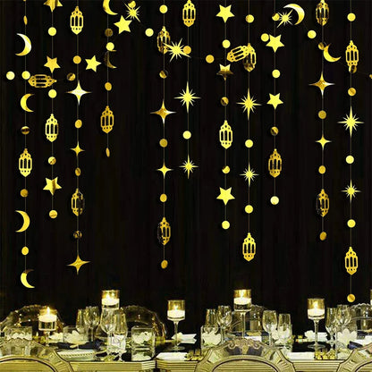 Gold Star Moon Circle Dot Crescent Lamp Eid Paper Garland Gold Mubarak Ramadan Streamer Backdrop Muslim Party Banner Decorations