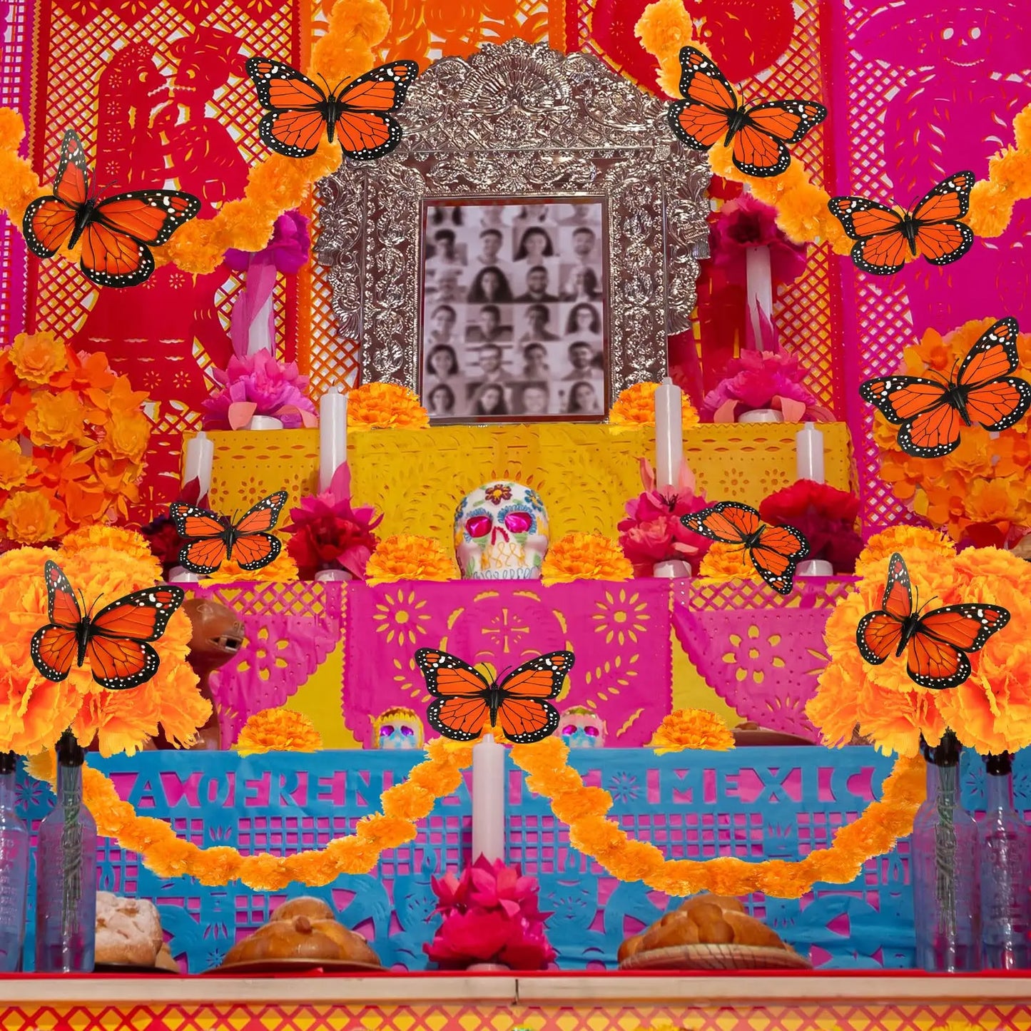 14~380pcs Day of the Dead Marigold Flower Garland Decorations Dia De Los Muertos ofrenda Altar with Monarch Butterfly Mexican