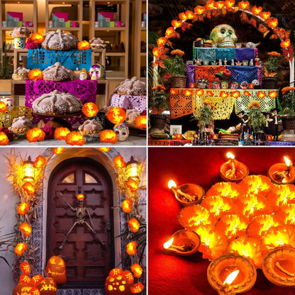 2-10Pack Marigold Garland Lighted Artificial Marigold Flowers String Light Diwali Indian Wedding Decor Halloween Day of the Dead