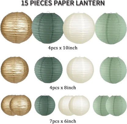 15Pcs Sage Green Set Round Paper Lantern For Baby Girl Shower Decoration Baptism Party Decor Hanging Pompom Crafts Ornament