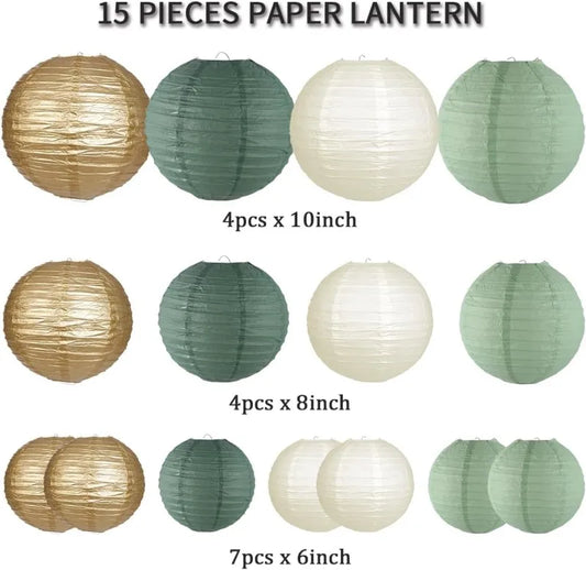 15Pcs Sage Green Set Round Paper Lantern For Baby Girl Shower Decoration Baptism Party Decor Hanging Pompom Crafts Ornament