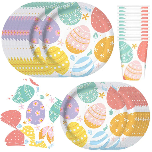 Easter Theme Disposable Tableware Easter Egg Pattern Paper Plates Cups Napkins Kids Happy Easter Party Decoration Supplies