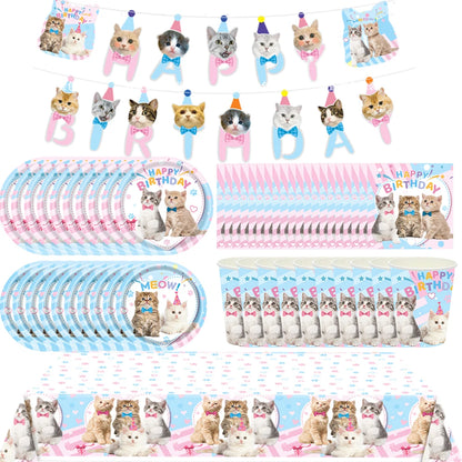 Cat Themed Party Tableware Set Paper Plates Napkins Tablecloth Banner Kitten Girls Birthday Party Decorations Supplies