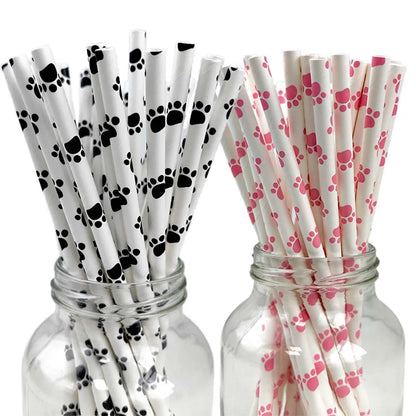 25/50/100/200pcs Dog Paw Print Paper Straws Animal Dog Puppy Straws Dog Themed Drinking Straws for Puppy Birthday Party Decors