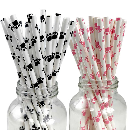 25/50/100/200pcs Dog Paw Print Paper Straws Animal Dog Puppy Straws Dog Themed Drinking Straws for Puppy Birthday Party Decors