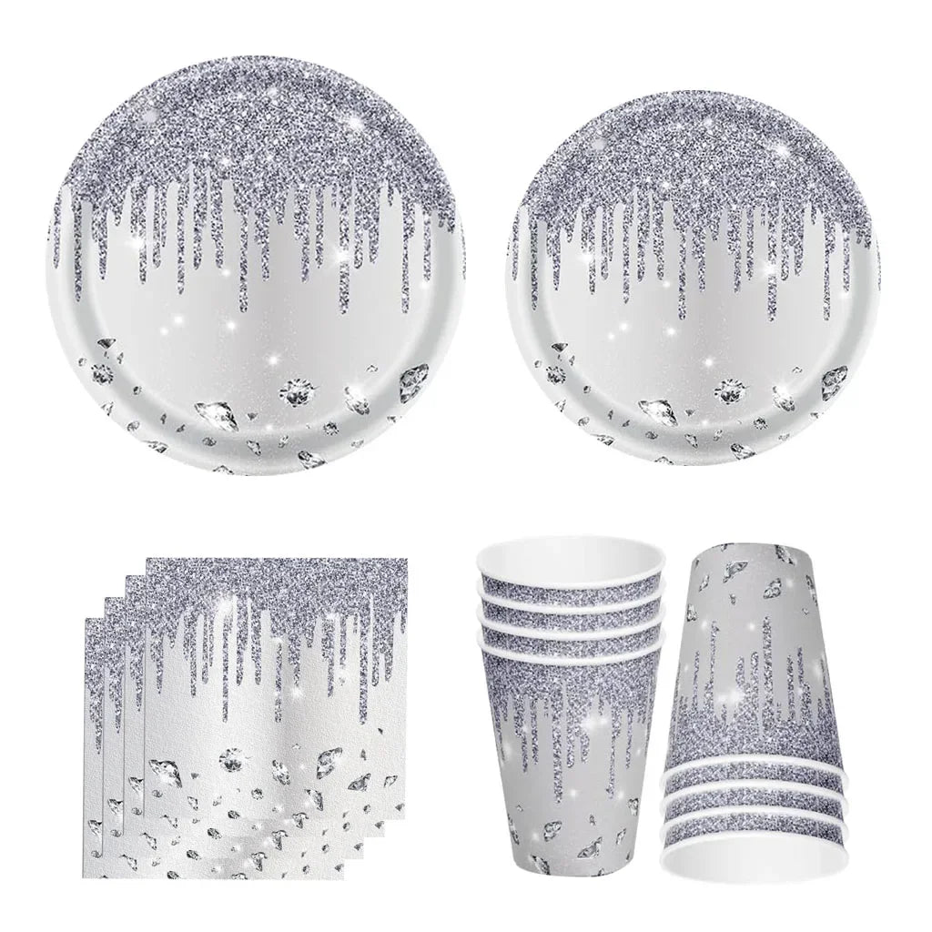 10Guests Silver Shiny Diamond Disposable Tableware Wedding Paper Plate Cups Napkin Happy Princess Birthday Party Decor