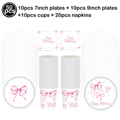 Bow Theme Party Supplies for Girl Pink Bow Cupcake Toppers Paper Drinking Straws Bridal Shower Bow Coquette Birthday Party Decor