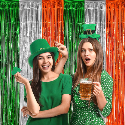 3 Pack St. Patrick's Day Foil Fringe Curtains Green White Orange Tinsel Fringe Photo Booth Prop Backdrop for Irish Party Decor