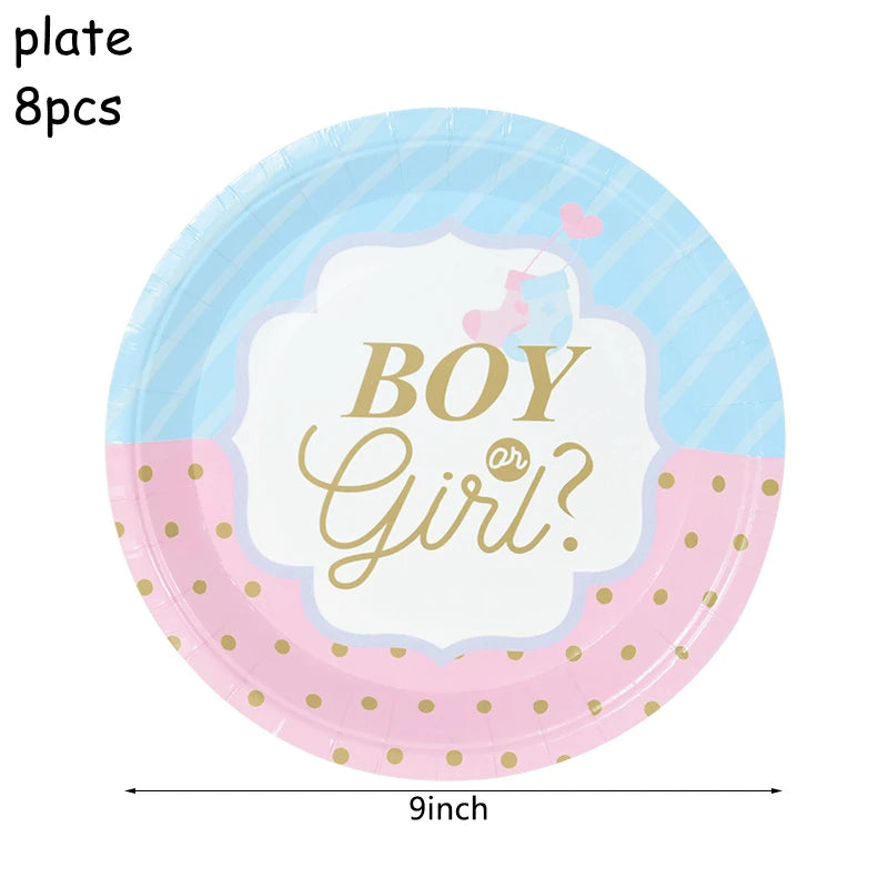 Gender Reveal Disposable Tableware Pink Blue Boy or Girl Plate Napkin Cup Tablecloth Baby Shower Party Table Decoration Supplies