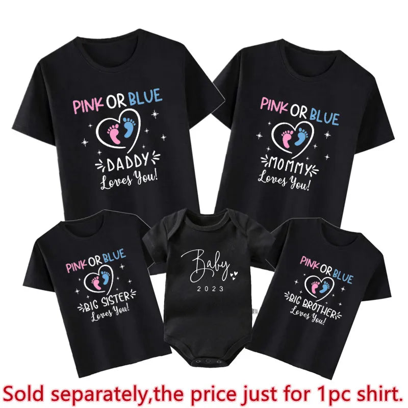 Pink Or Blue Daddy Mommy Brother Sister Loves You Funny Gender Reveal Party Shirts Cotton Baby Shower Tee Family Matching Outfit