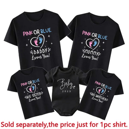 Pink Or Blue Daddy Mommy Brother Sister Loves You Funny Gender Reveal Party Shirts Cotton Baby Shower Tee Family Matching Outfit