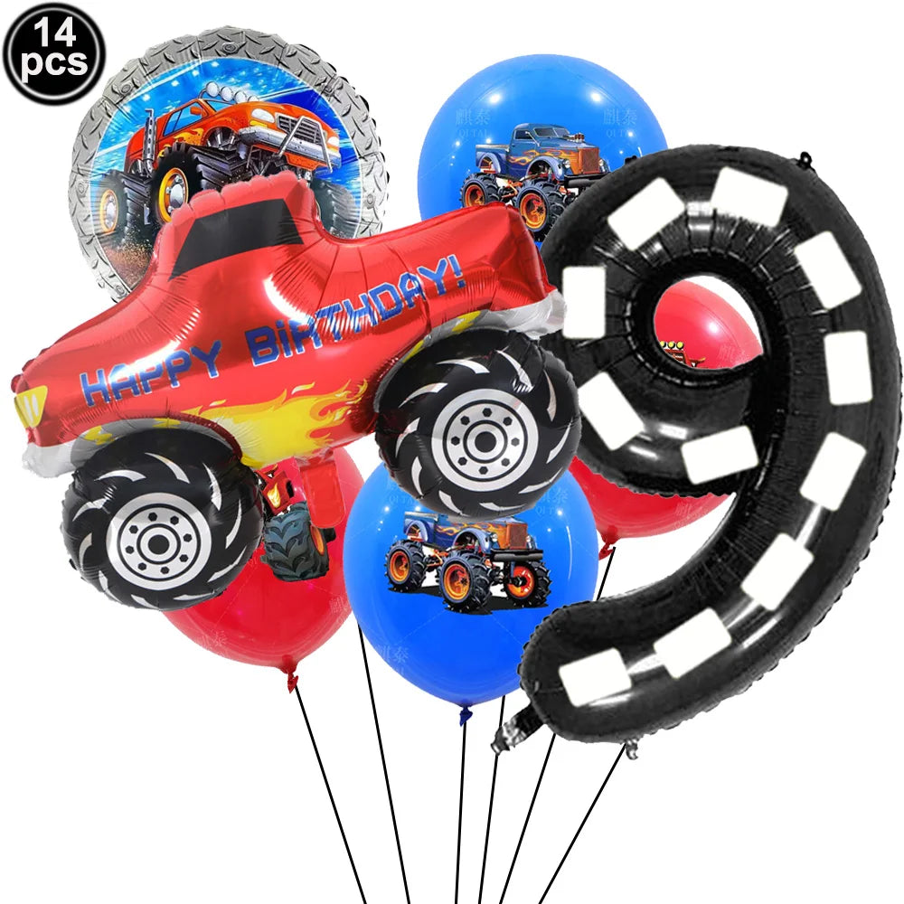Monster Truck Birthday Party Paper Plates Cup Napkin Tablecloth Balloon Hanging Swirls Banner Monster Truck Birthday Party Decor