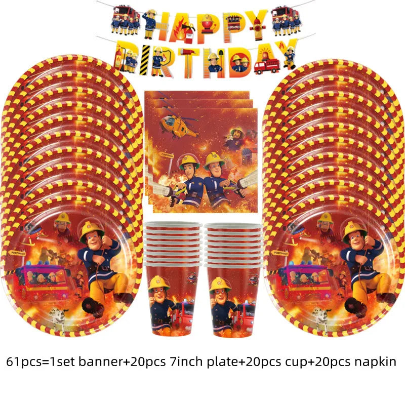 Firefighter Sam Party Supplies Plates Napkins Cups Tablecloth Banner Fire Truck Party Decorations Kids Boys Decor Supplies