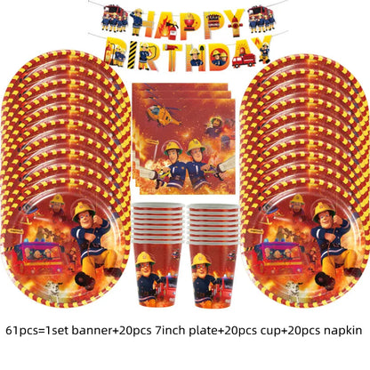 Firefighter Sam Party Supplies Plates Napkins Cups Tablecloth Banner Fire Truck Party Decorations Kids Boys Decor Supplies