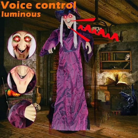Halloween Life Size Talking Witch Outdoor Purple Spooky Animatronic Witch Decor Prop Halloween Decoration Red Eye Animated Witch