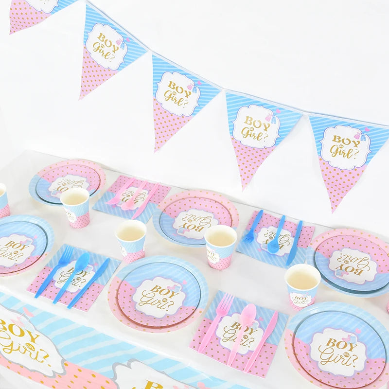 Gender Reveal Disposable Tableware Pink Blue Boy or Girl Plate Napkin Cup Tablecloth Baby Shower Party Table Decoration Supplies