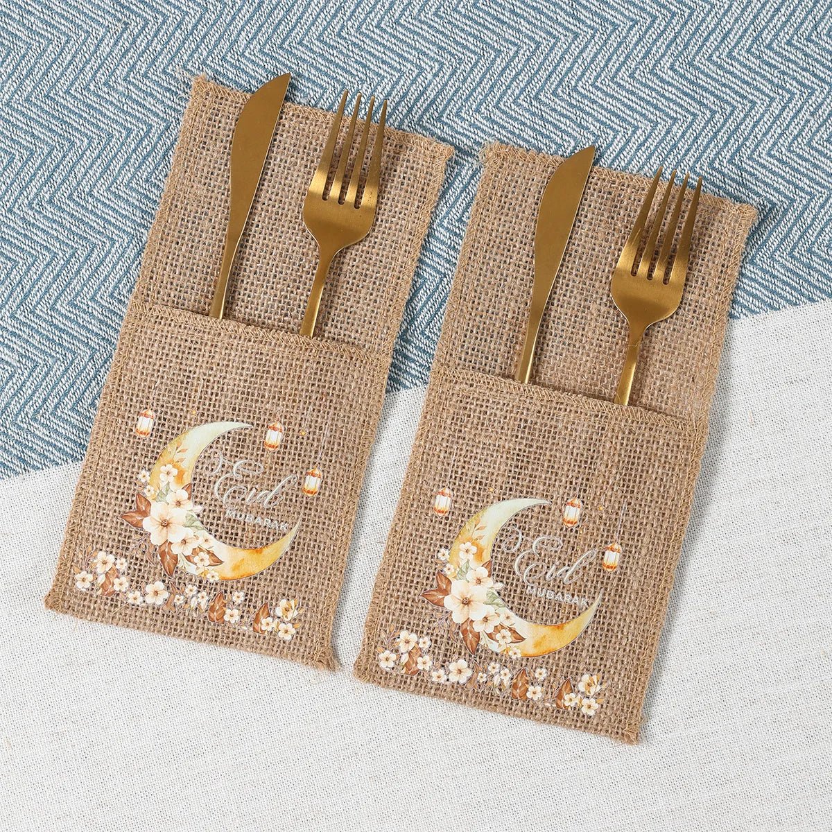 Eid Mubarak Burlap Cutlery Pouch Ramadan Decor for Home 2025 Table Decor Ramadan Kareem Islamic Muslim Party Eid Al-Fitr Gifts