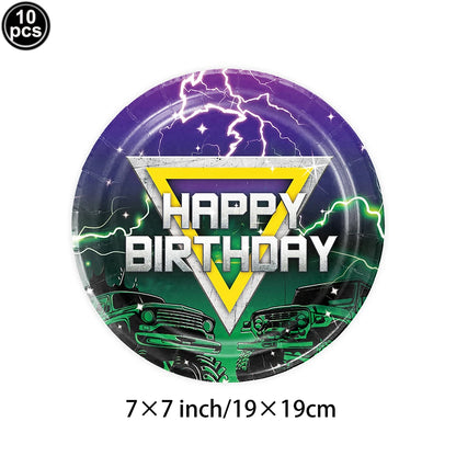 Monster Truck Birthday Party Paper Plates Cup Napkin Tablecloth Balloon Hanging Swirls Banner Monster Truck Birthday Party Decor