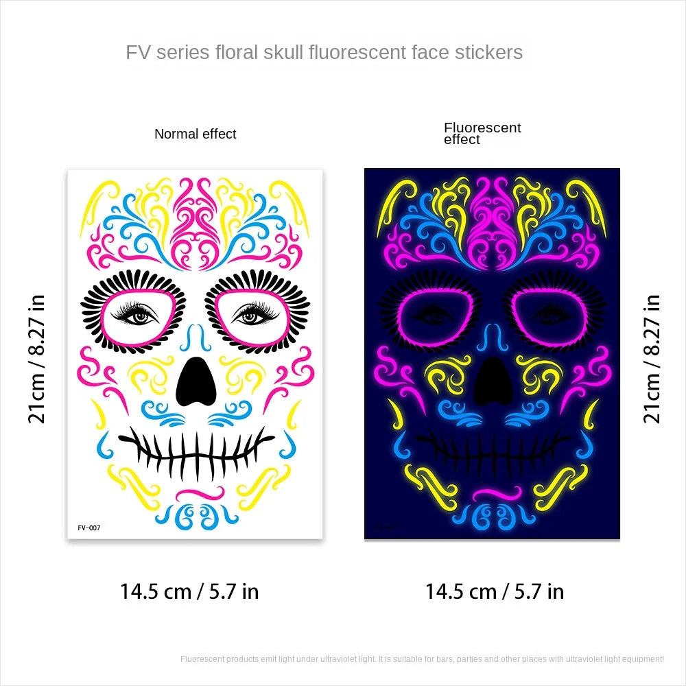 1/4/8PCS Waterproof Fluorescent Temporary Tattoo Neon Halloween Stickers Day of the Dead Party Festival Night Bar Face Stickers