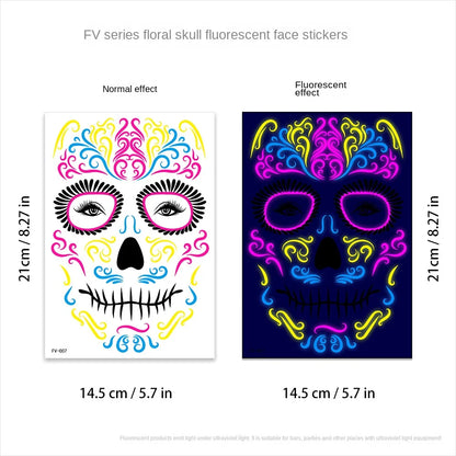 1/4/8PCS Waterproof Fluorescent Temporary Tattoo Neon Halloween Stickers Day of the Dead Party Festival Night Bar Face Stickers