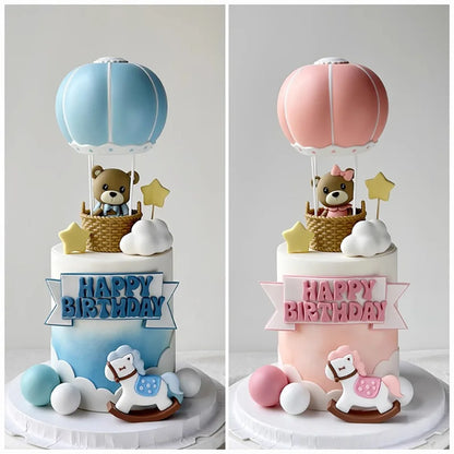 Bear Cake Toppers for Boy or Girl Baby Shower Children's Birthday Party Decoration Hot Air Balloon Cake Topper Pink Blue Green