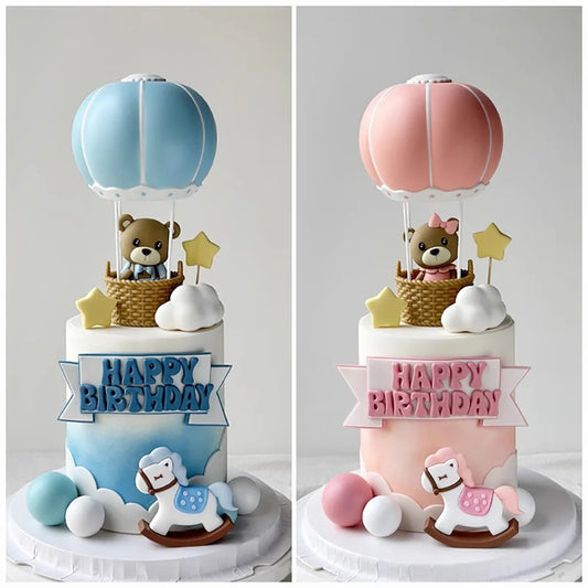 Bear Cake Toppers for Boy or Girl Baby Shower Children's Birthday Party Decoration Hot Air Balloon Cake Topper Pink Blue Green
