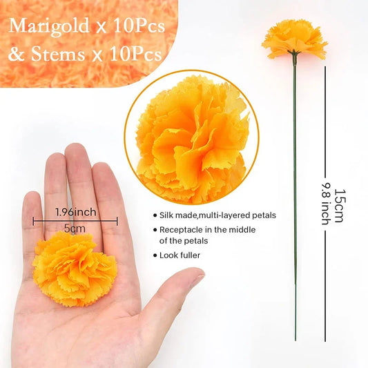 10Pcs Mexican Marigold Artificial Flowers for Day of The Dead Diwali Home DIY Craft Party Halloween Dia De Los Muertos Decor