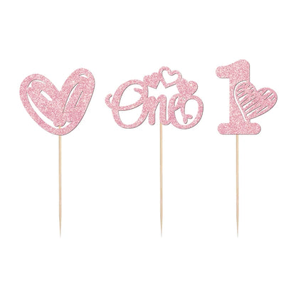 YOMDID 24Pcs Valentine's Day Cupcake Picks 1st Birthday Cupcake Toppers One Love Heart Picks Cake Decorations Party Supplies