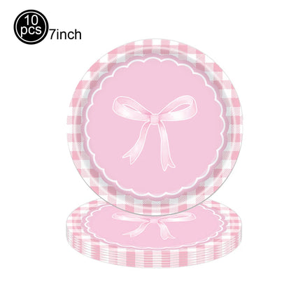 Pink Bow Plates Cups Napkins Forks for Coquette Birthday Decoration Pink Bow Theme Party Supplies for Girls Birthday Party Decor